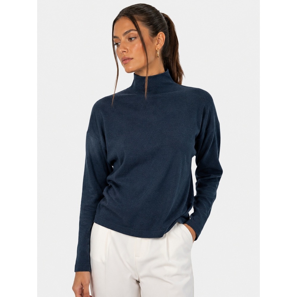 Vince Mock Neck Long Sleeve Cotton Blend Top Sweater Blue S
